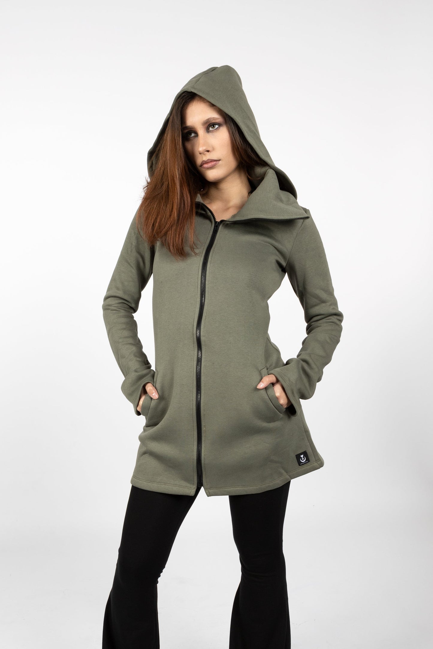 Grüner Elfen-Zipper-Sweatshirtmantel mit Kapuze & Gesichtsschutz