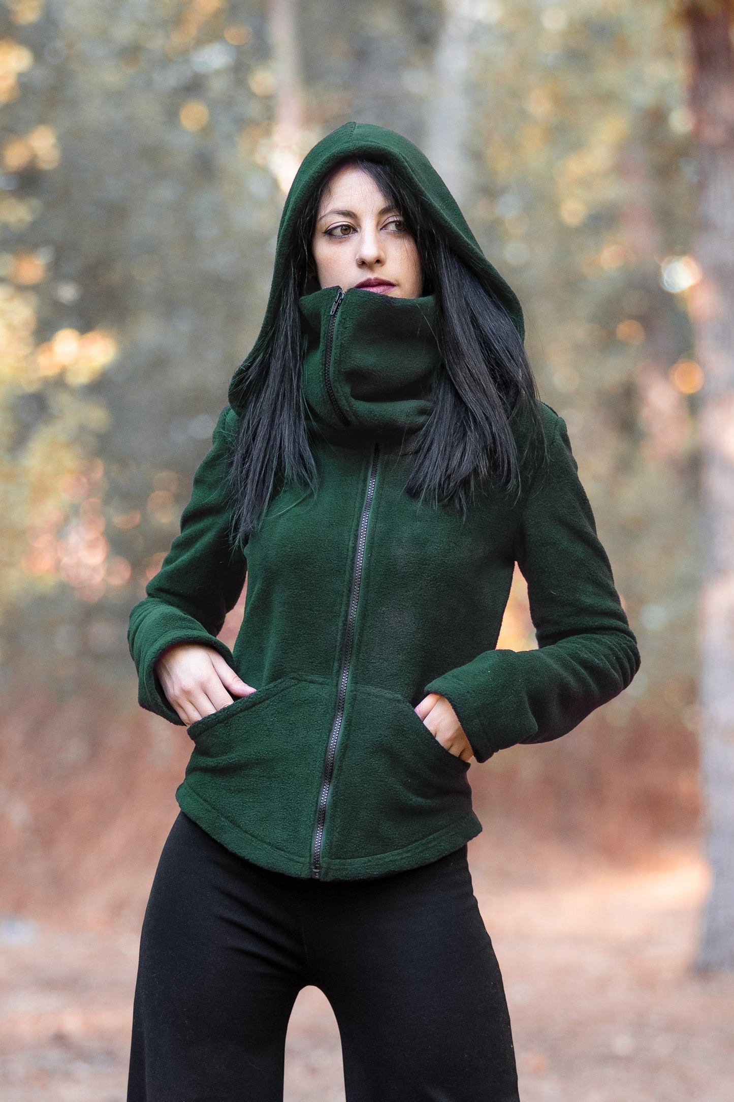 Grüne Ninja Kapuzen-Fleecejacke – Gothic Pixie Wintermantel mit Gesichtsmaske