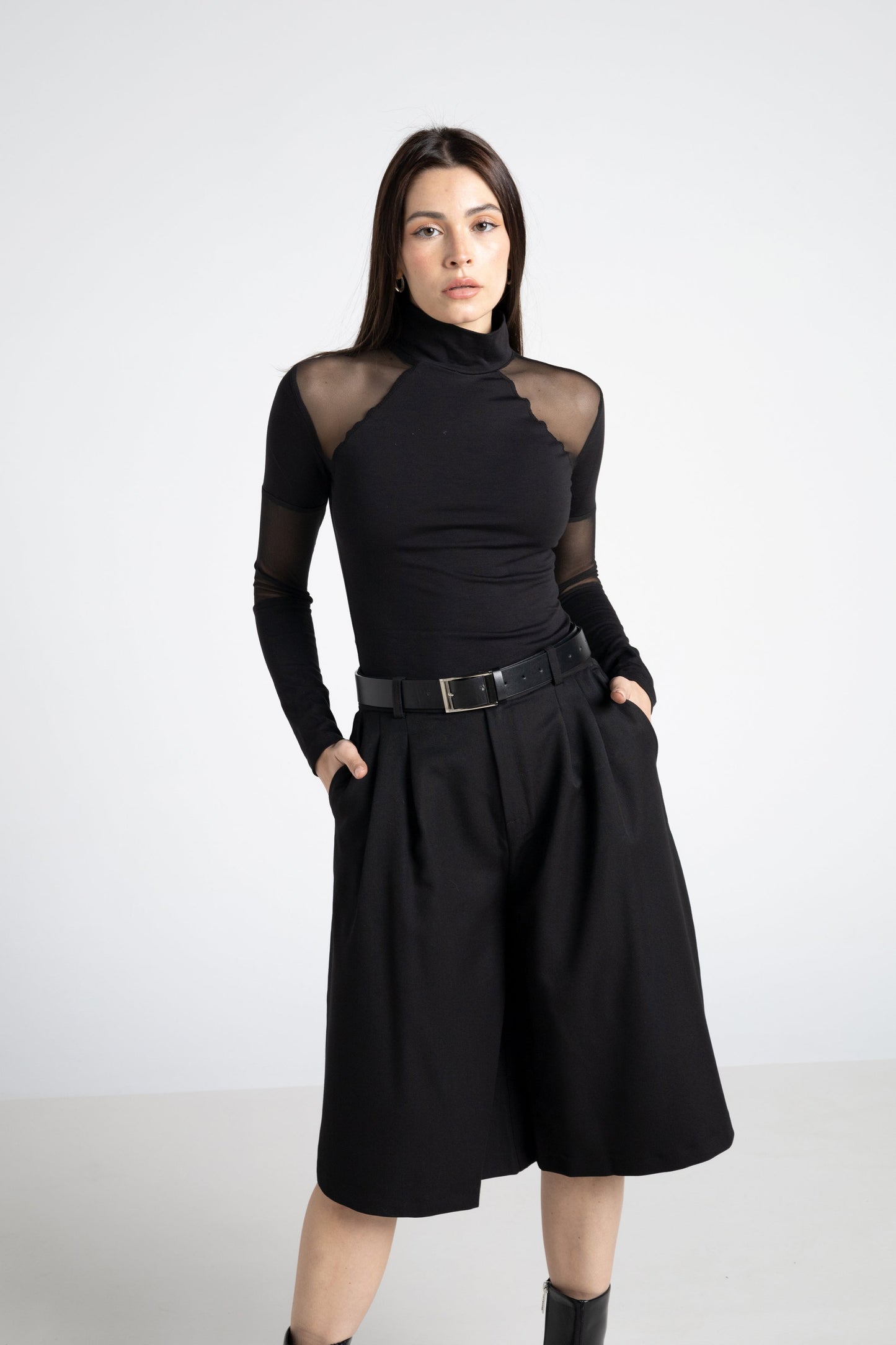 Schwarzes Transparentes Mesh Hochkragenoberteil
