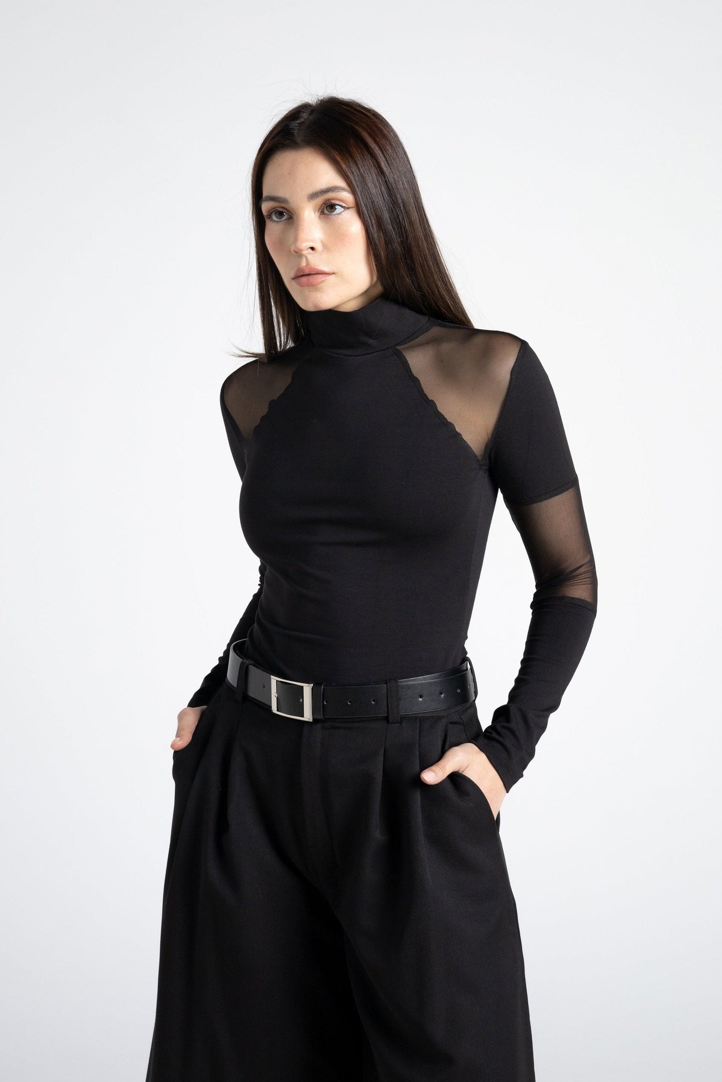 Schwarzes Transparentes Mesh Hochkragenoberteil