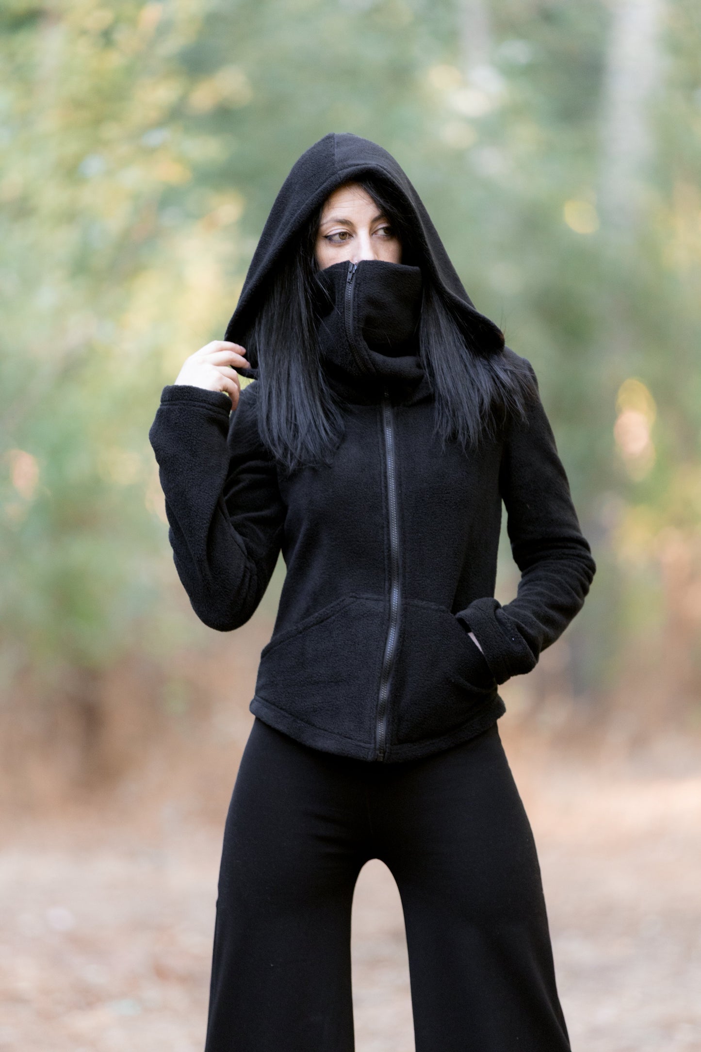 Grüne Ninja Kapuzen-Fleecejacke – Gothic Pixie Wintermantel mit Gesichtsmaske