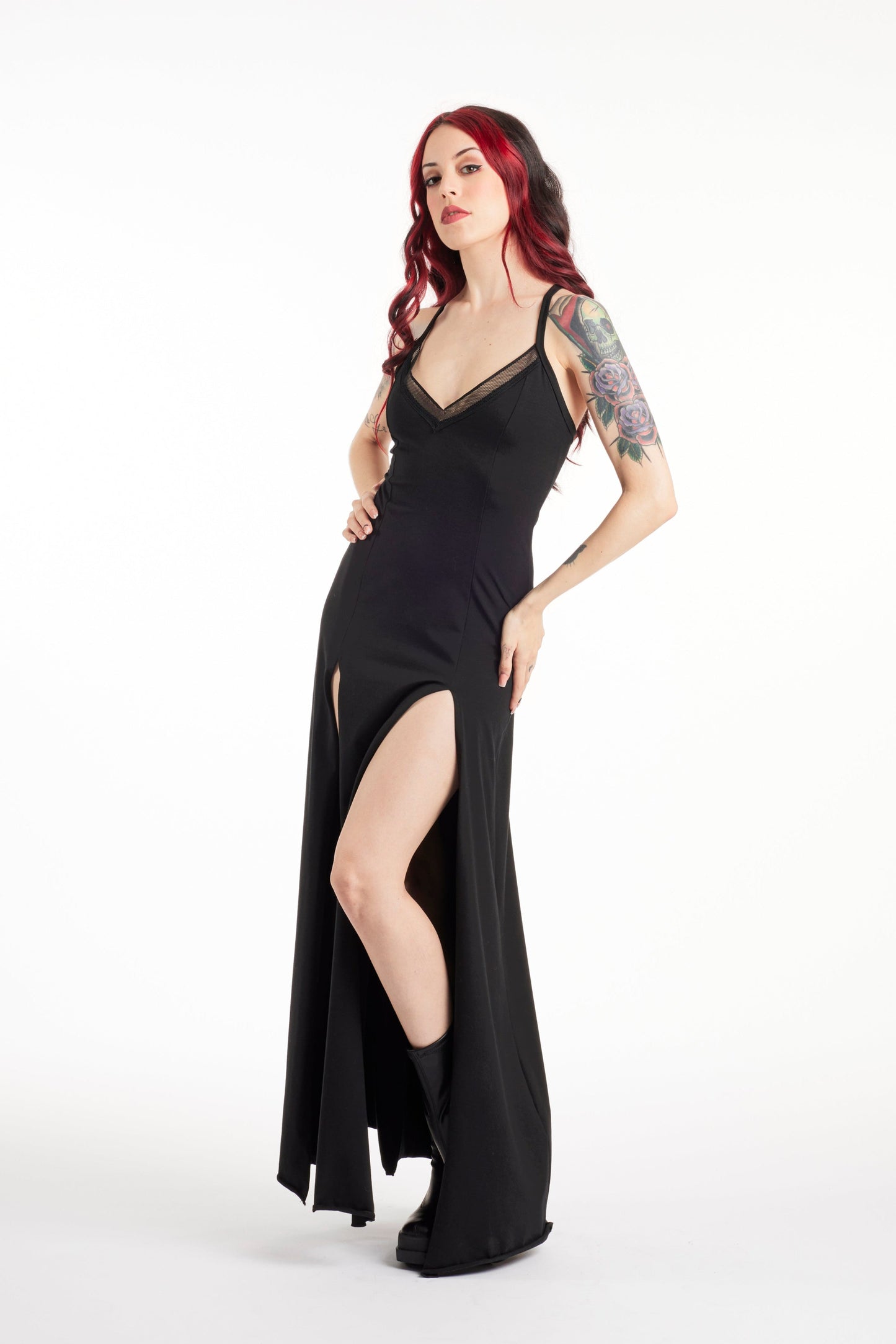 Schwarzes Front-Doppelspalt Maxi-Gothik-Kleid