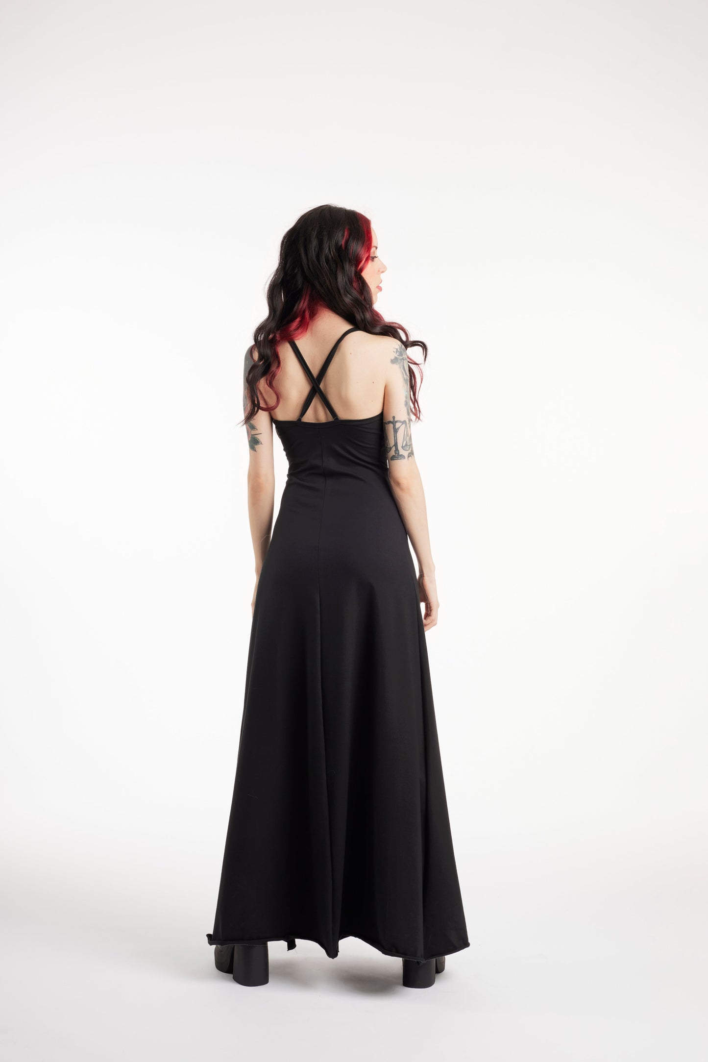 Schwarzes Front-Doppelspalt Maxi-Gothik-Kleid