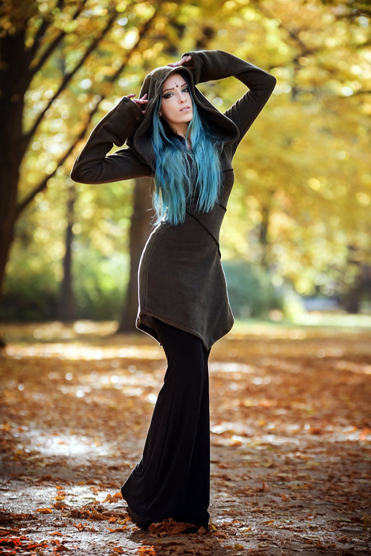 Schwarzer Elfen-Hoodie-Fleece-Mantel – Pixie-Hoodie mit Maxi-Haube