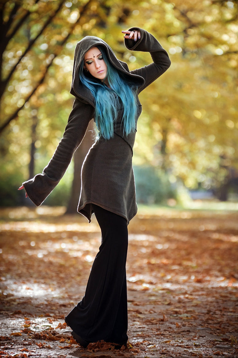 Grüner Elfen-Hoodie-Fleece-Mantel – Pixie-Jacke mit Maxi-Haube