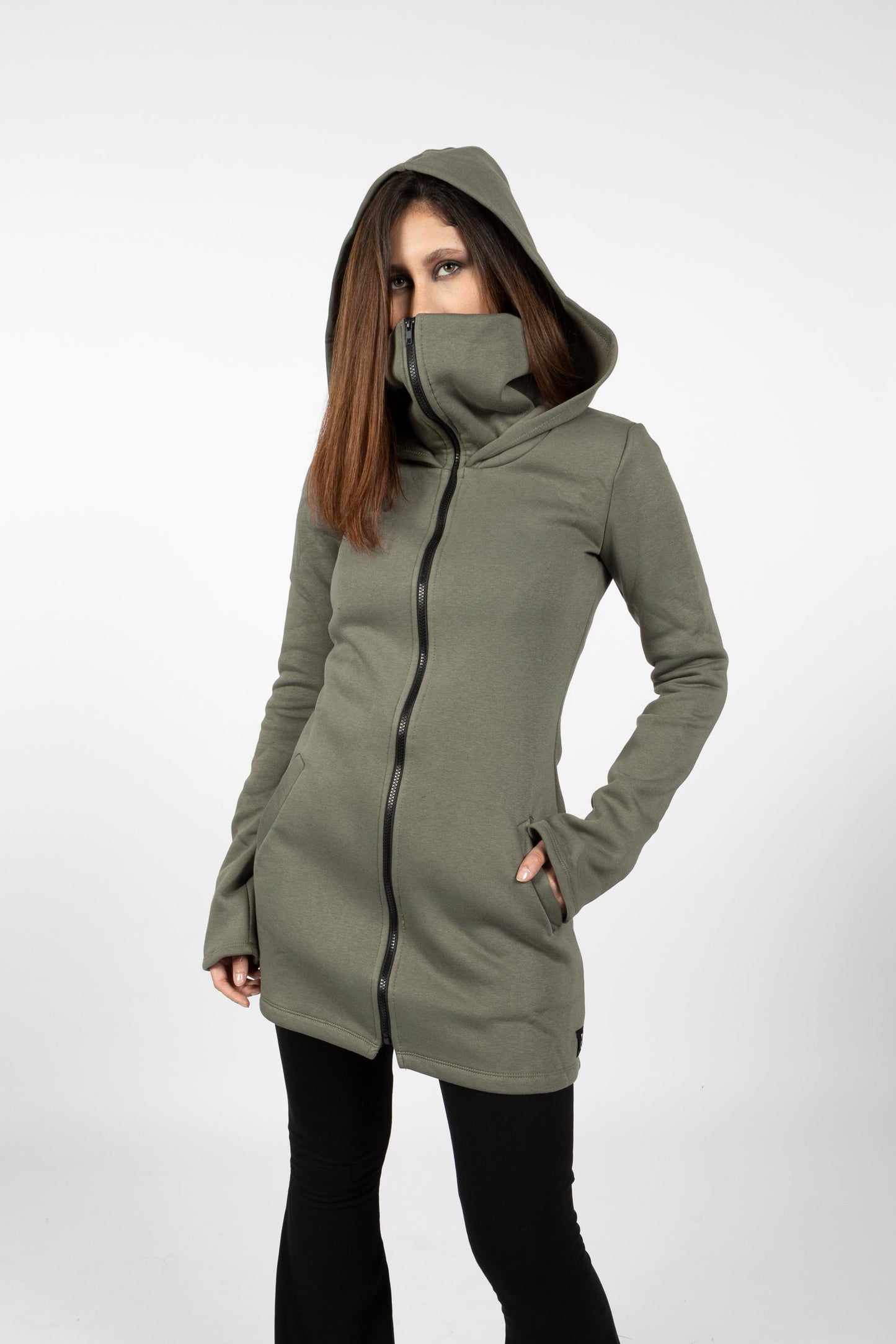 Grüner Elfen-Zipper-Sweatshirtmantel mit Kapuze & Gesichtsschutz