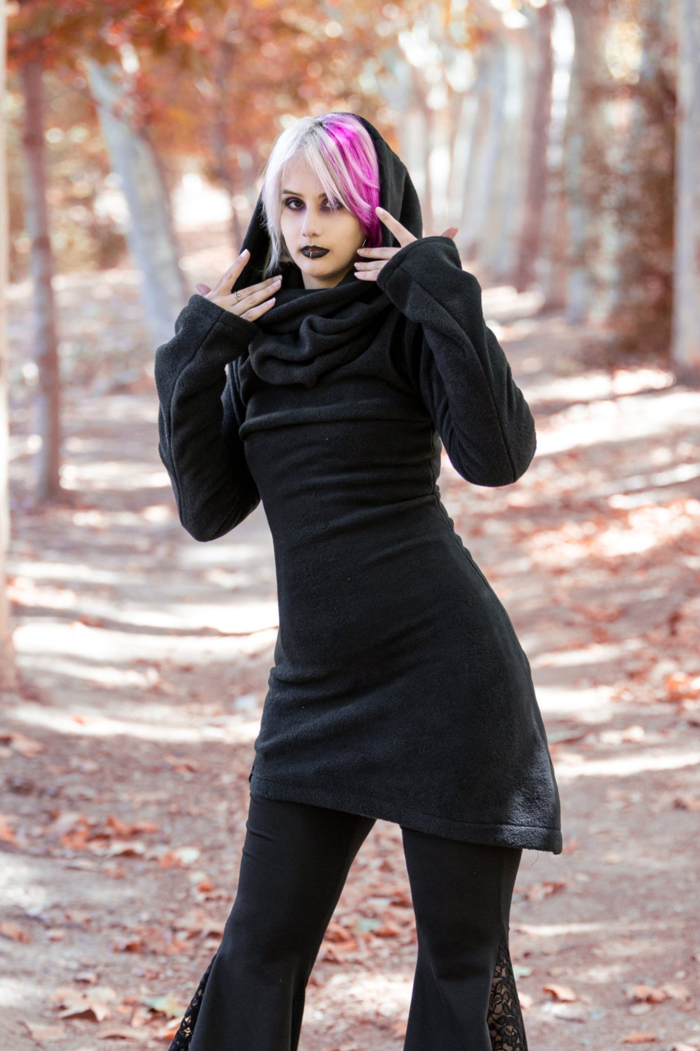 Schwarzer langer Fleece-Hoodie – Elfen-Gothic-Hoodie-Jacke