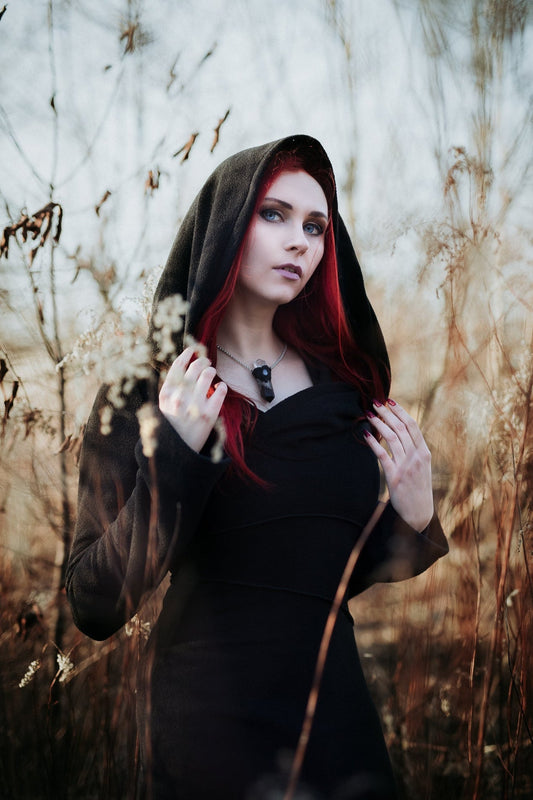 Schwarzer Elfen-Hoodie-Fleece-Mantel – Pixie-Hoodie mit Maxi-Haube