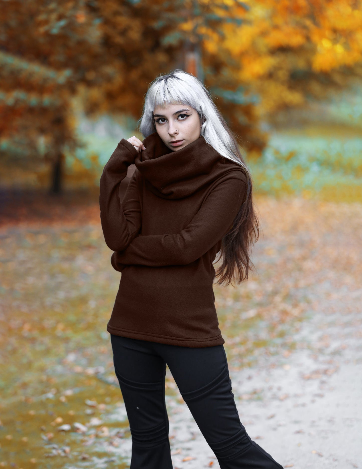 SCHWARZER Elfen-Hoodie mit Cowl-Neck – Baumwoll-Fleece Elfen-Hoodie