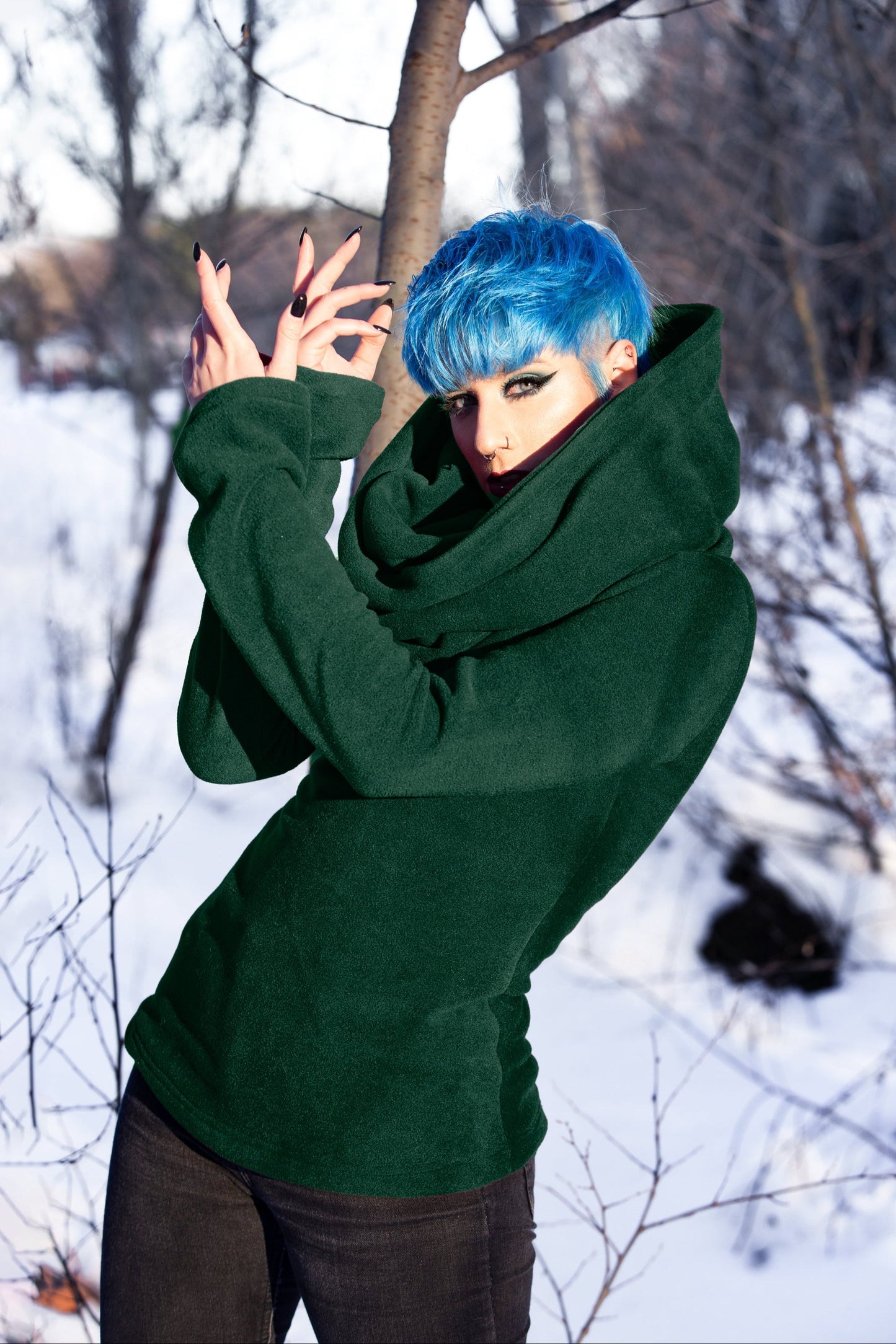 SCHWARZER Elfen-Hoodie mit Cowl-Neck – Baumwoll-Fleece Elfen-Hoodie