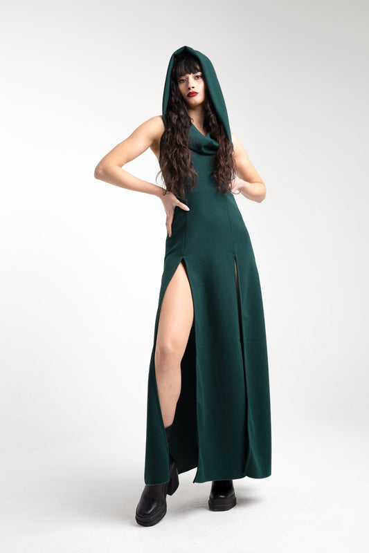 Cowl-hooded Maxikleid mit doppeltem Frontschlitz - Smaragdgrün